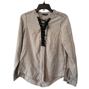 EXPRESS Gray Washed Long Sleeve Lace Up Band Collar Blouse Women's Size Small